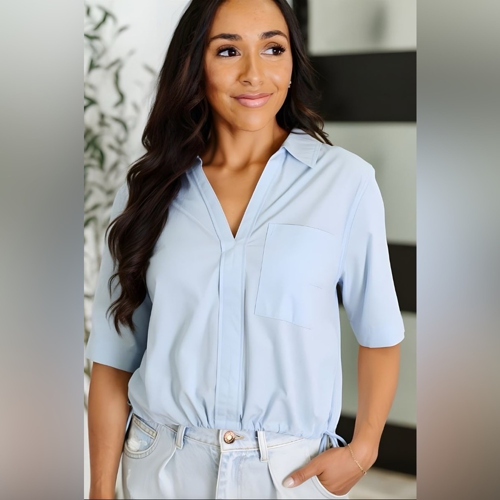 Blue Bubble Hem Drawstring Blouse